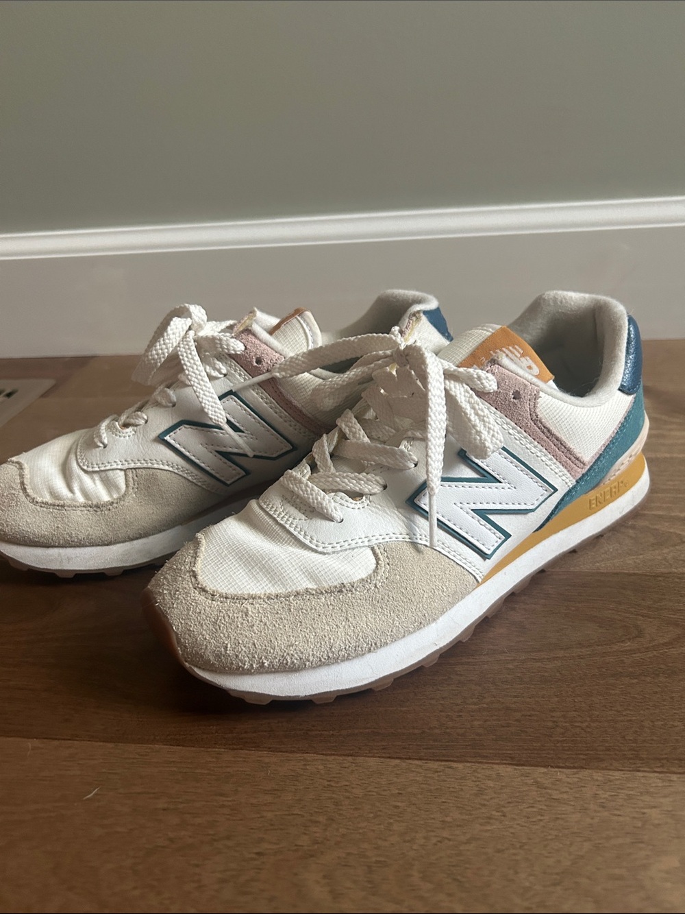New Balance White Beige Teal Pink Athletic Sneakers
